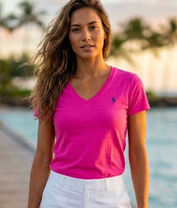 Ralph Lauren Tops - Ralph Lauren V-Neck Short Sleeve Tee in Hot Pink with Navy Pony